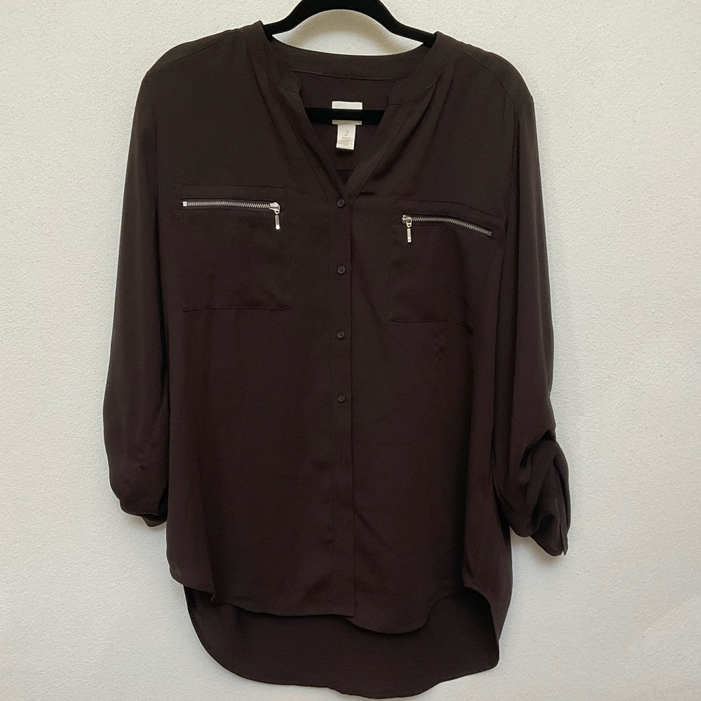 Chico's Chocolate Brown Button Down With Zipper P… - image 1